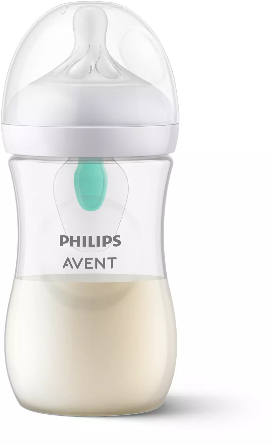 Philips Avent bébiüveg tejjel. Fehér üveg, kék cumisüveg. Fehér háttér.
