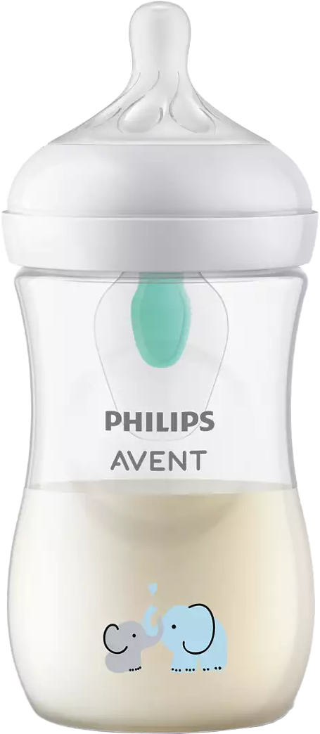 Cumisüveg tejjel és egy kék rajzfilm elefánttal. A palack fehér, Philips Avent logóval.