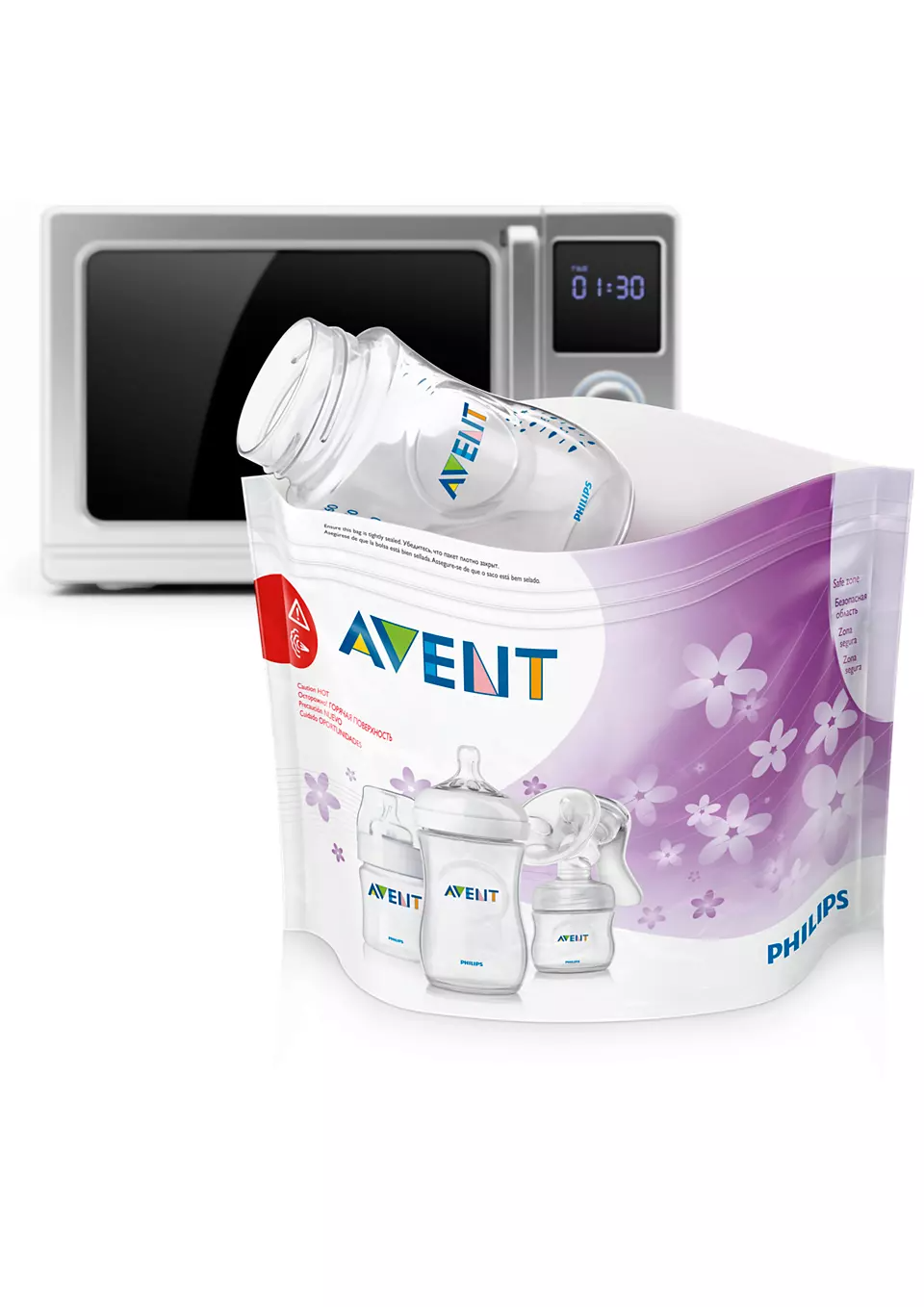 Avent üveg, mellszívó és táska a mikrohullámú sütő előtt.