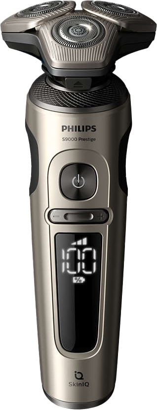 Ezüst-fekete Philips S9000 Prestige elektromos borotva digitális kijelzővel.