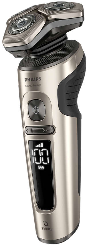 Egy Philips borotva digitális kijelzővel, amely 100%-os töltöttséget mutat, ezüst és fekete kivitelben.