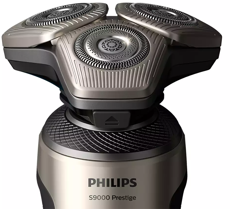 Philips S9000 Prestige elektromos borotva közeli képe fehér háttérrel.