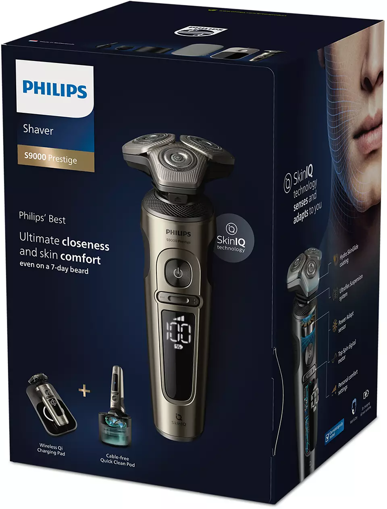 Philips S9000 Prestige borotva doboza a borotvával és tartozékokkal, termék részletek.
