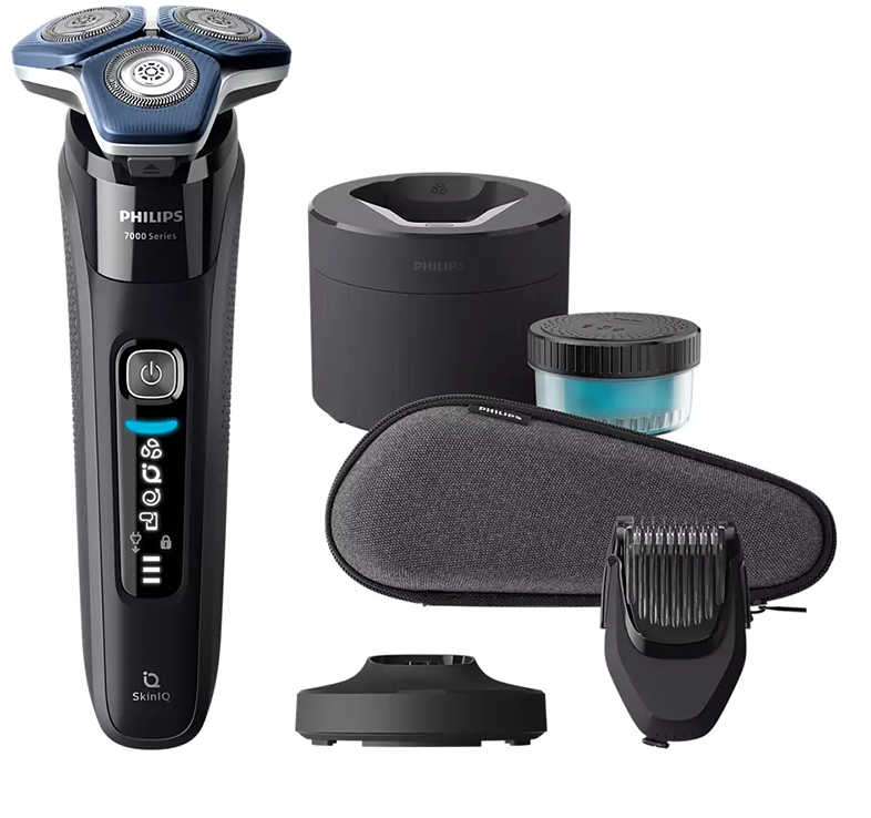 Egy fekete Philips Series 7000 elektromos borotva, kiegészítőkkel, beleértve az állványt és a tokot.