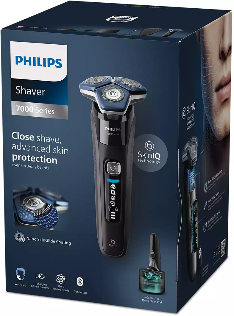 Egy Philips borotva doboza sötétkék háttéren, egy férfi arcával.
