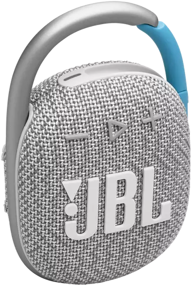 Szürke-fehér JBL Clip 4 hangszóró kék klipsszel.