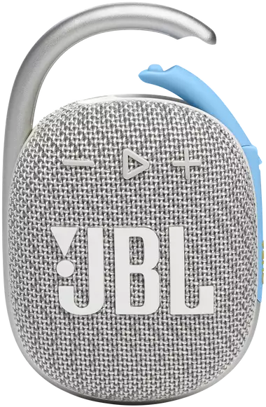 Szürke és kék JBL Clip 4 hordozható hangszóró klipsszel.