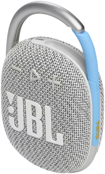 Szürke JBL Clip 4 hangszóró kék fogantyúval, fehér JBL felirattal.