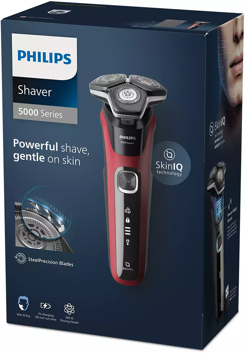 Philips borotva doboza. A doboz piros és fekete.