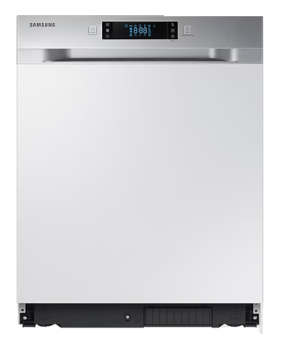 Weißer Samsung Geschirrspüler. Silberner Griff und Bedienelemente oben. Schwarze Basis.