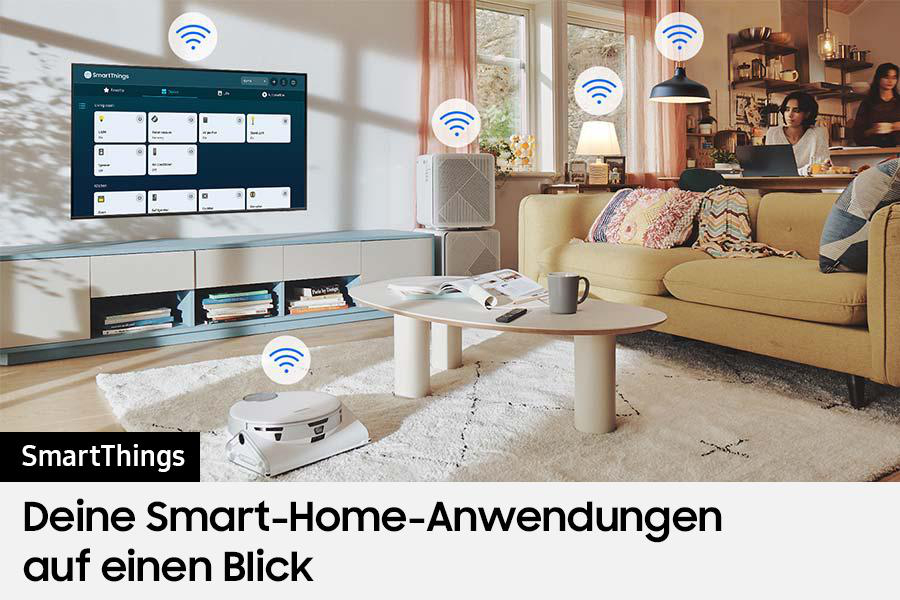 Ein Wohnzimmer mit Smart-Home-Geräten.