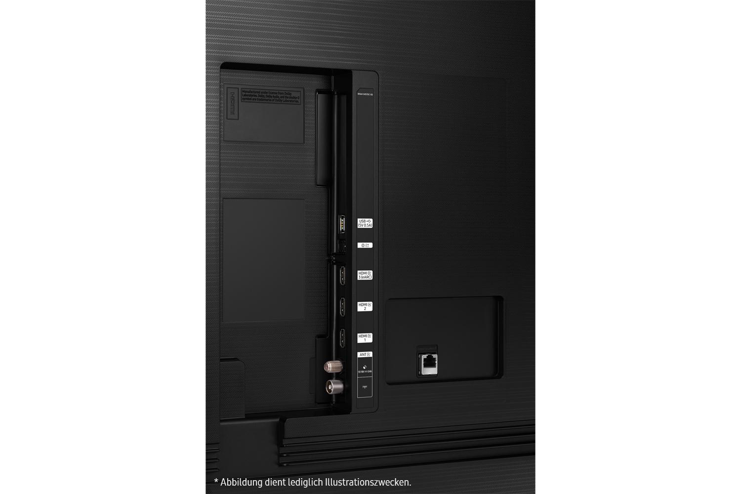 Nahaufnahme der TV-Anschlüsse: HDMI, USB und Ethernet. Enthält eine Beschreibung.