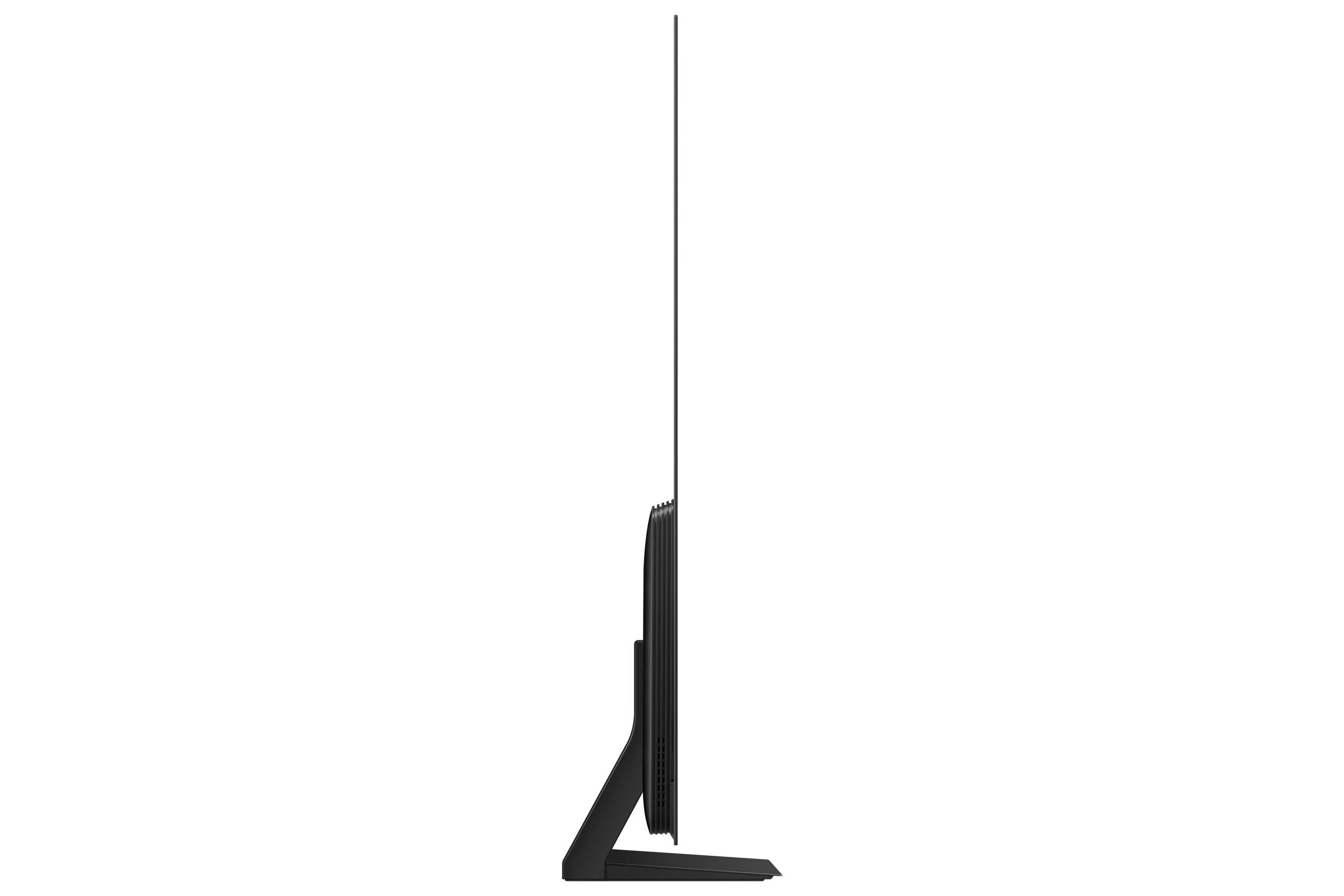Seitenansicht eines schwarzen Fernsehers auf weißem Hintergrund. Der Bildschirm ist eingeschaltet und der Fernseher ist sehr dünn.