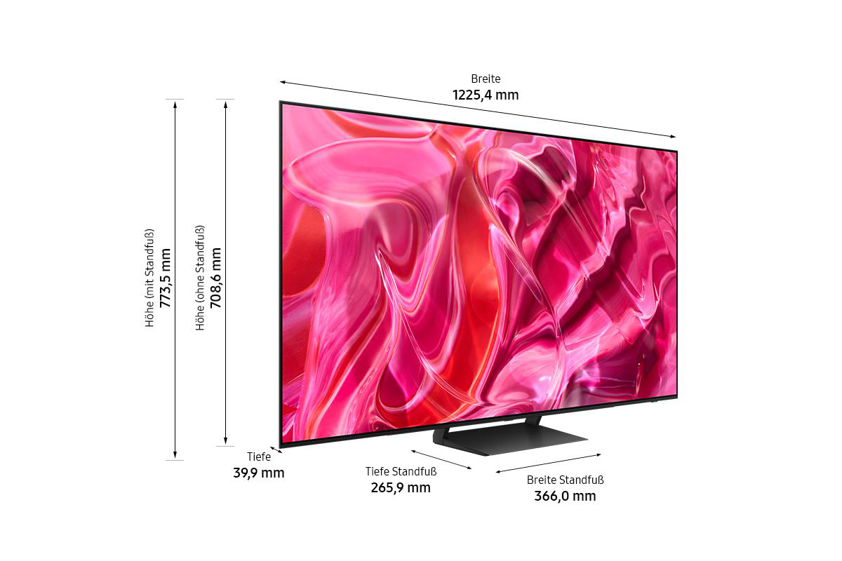 Seitenansicht eines großen Fernsehers mit Abmessungen und Ständer.