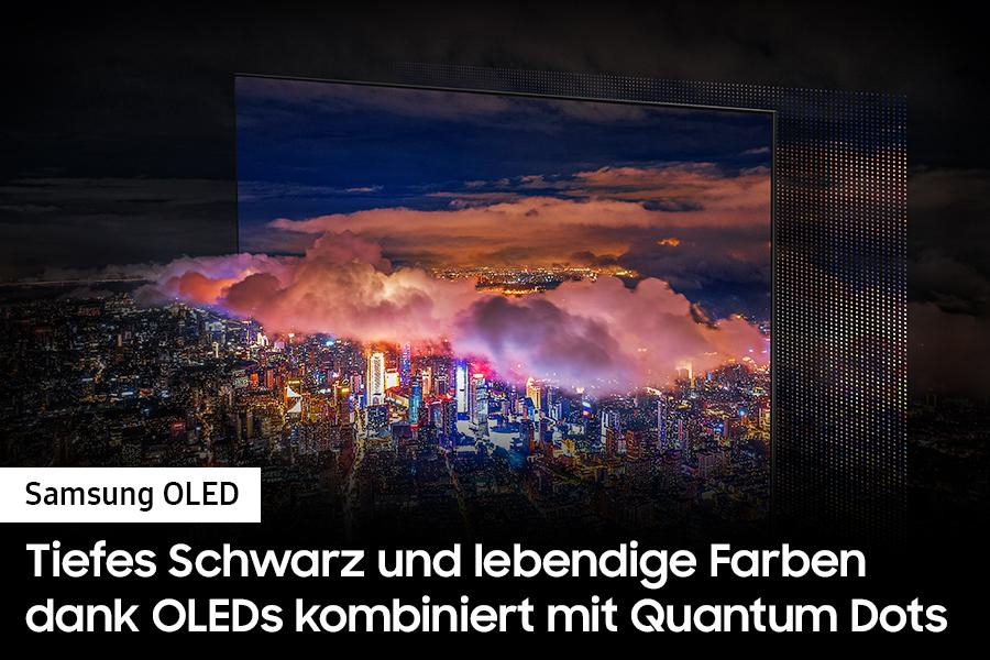 Ein Fernseher zeigt eine Nachtstadtlandschaft mit dem Text: Tiefes Schwarz und lebendige Farben.