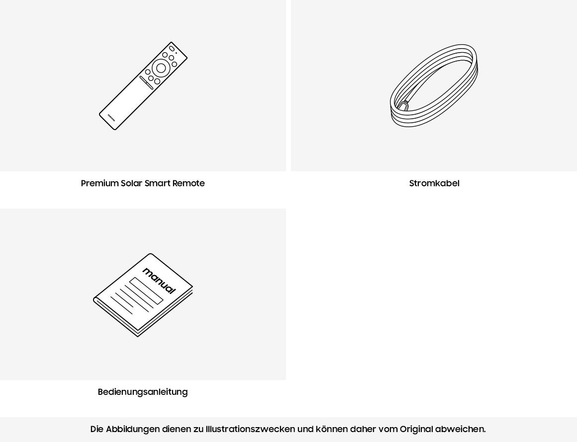 Strichzeichnungen einer Fernbedienung, eines Kabels und einer Anleitung.