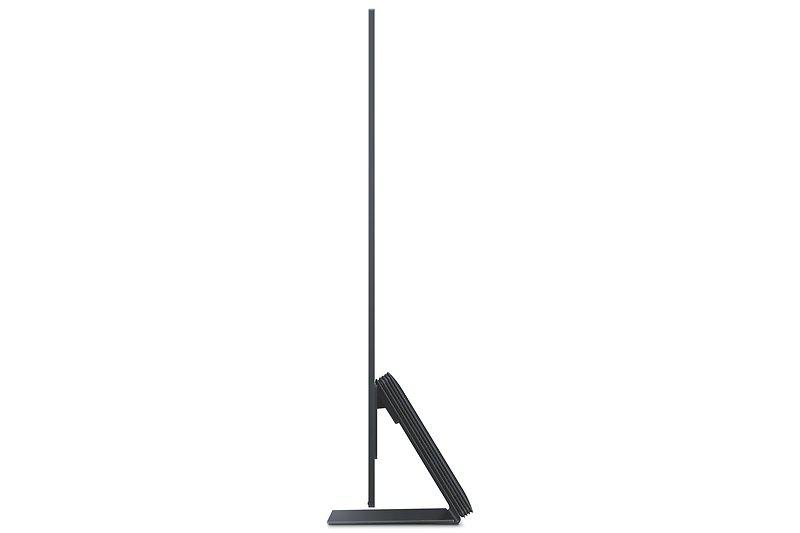 Seitenansicht eines schwarzen Fernsehers, aufrecht stehend, vor weißem Hintergrund.
