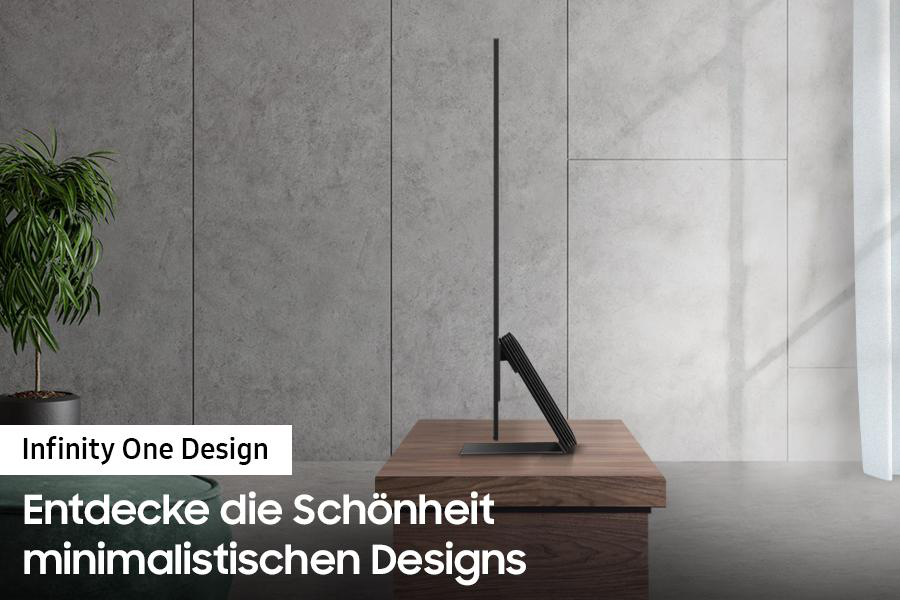 Ein Fernseher steht auf einem Holztisch, mit dem Text: Infinity One Design, und die Schönheit minimalistischen Designs.