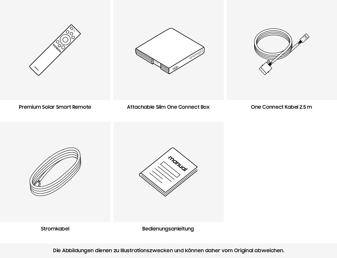 Strichzeichnungen von Fernbedienung, One Connect Box, Kabel, Netzkabel und Handbuch auf hellem Hintergrund.