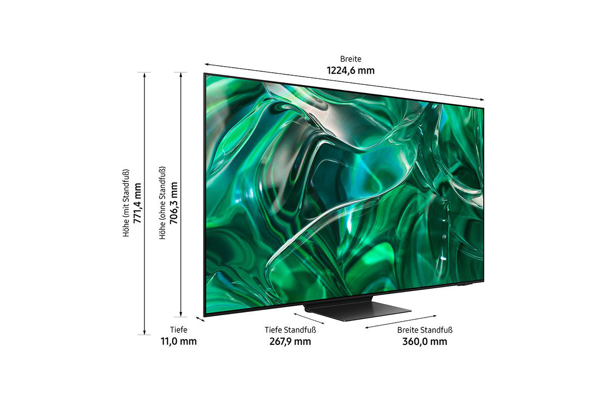 Ein Samsung-Fernseher mit angezeigten Abmessungen. Es zeigt die Bildschirmgröße und Ständerdetails.