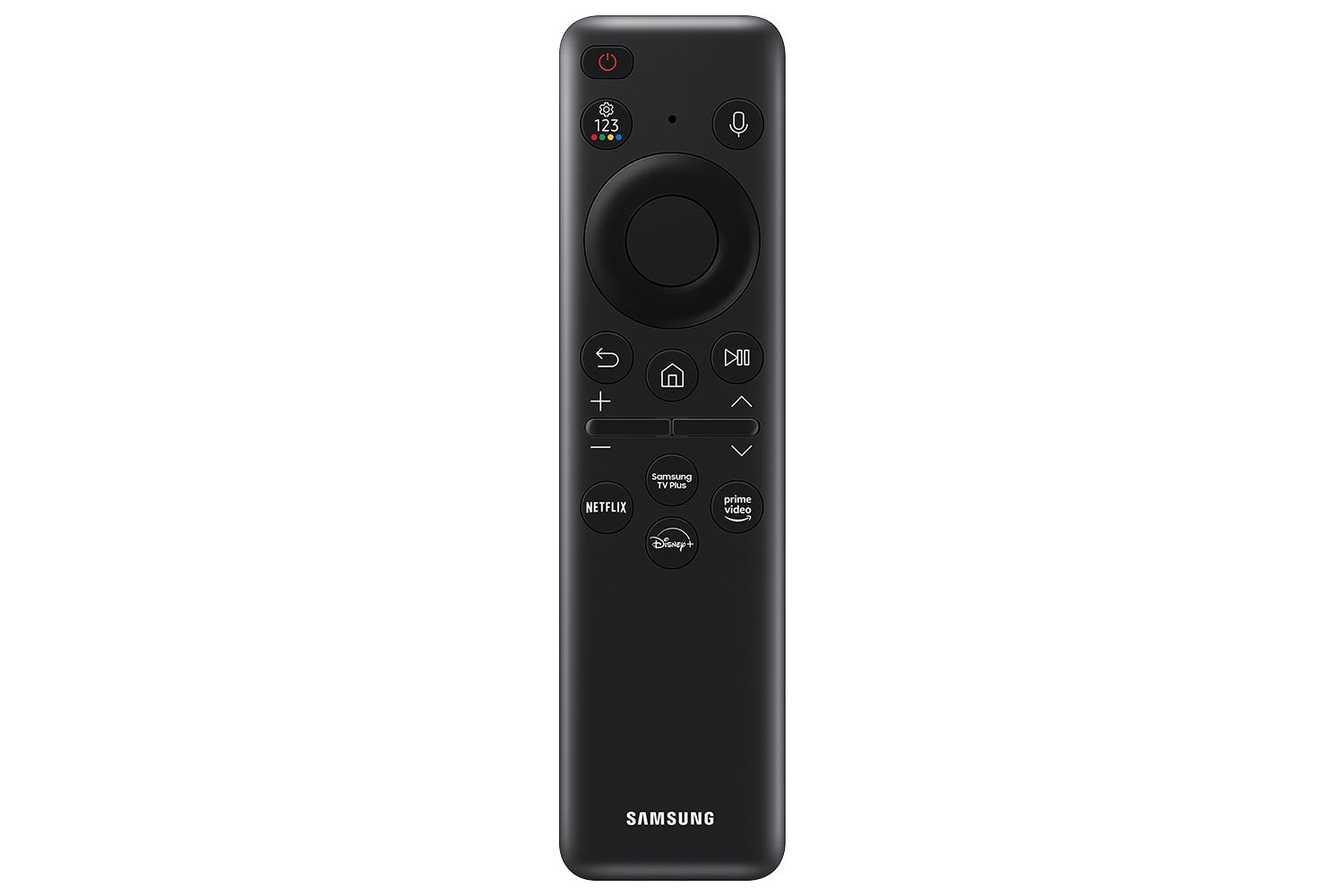 Schwarze Samsung TV-Fernbedienung mit verschiedenen Tasten.
