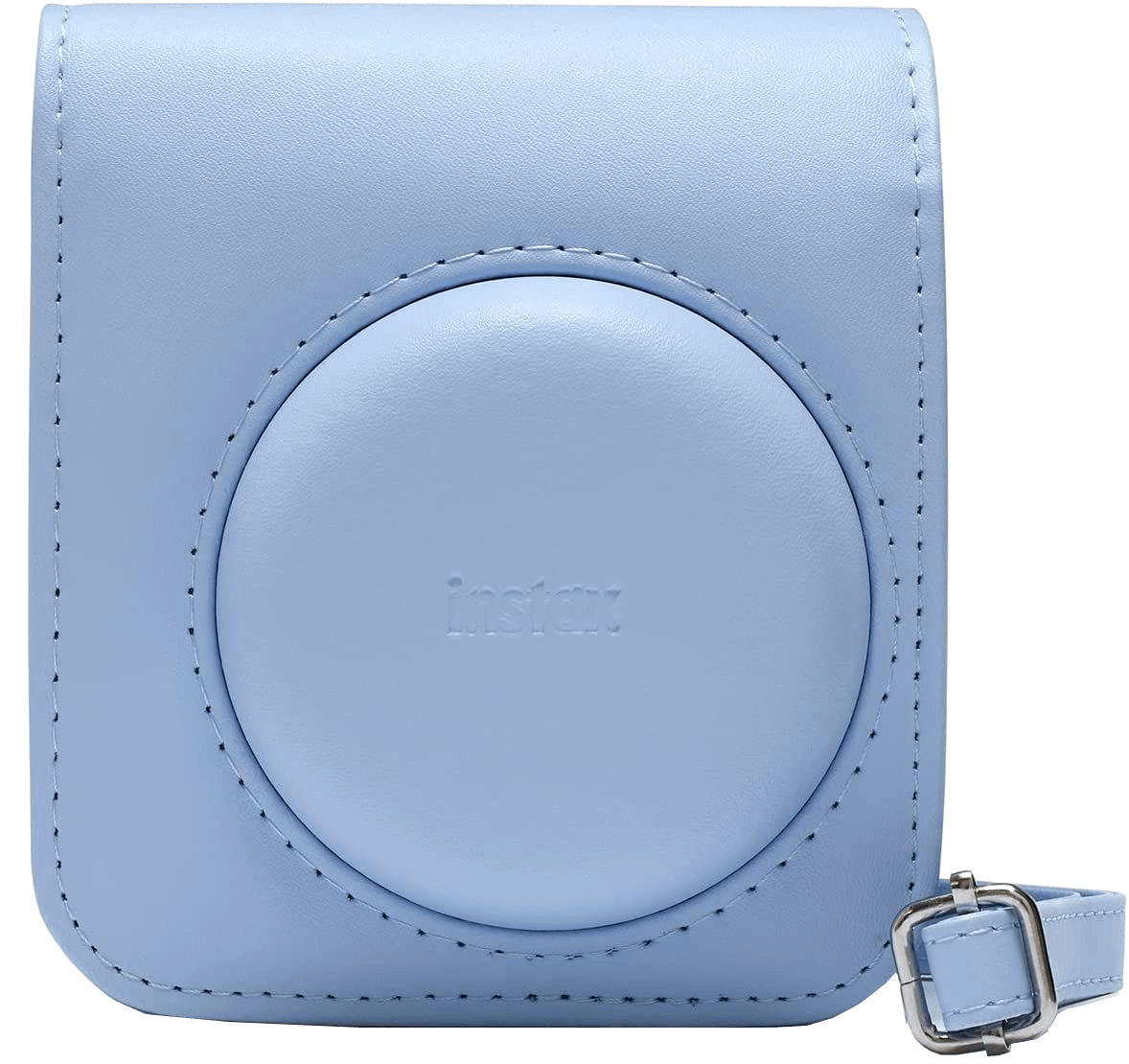 Funda azul cielo para cámara Instax. Diseño circular con el logo Instax. Viene con una correa azul claro.
