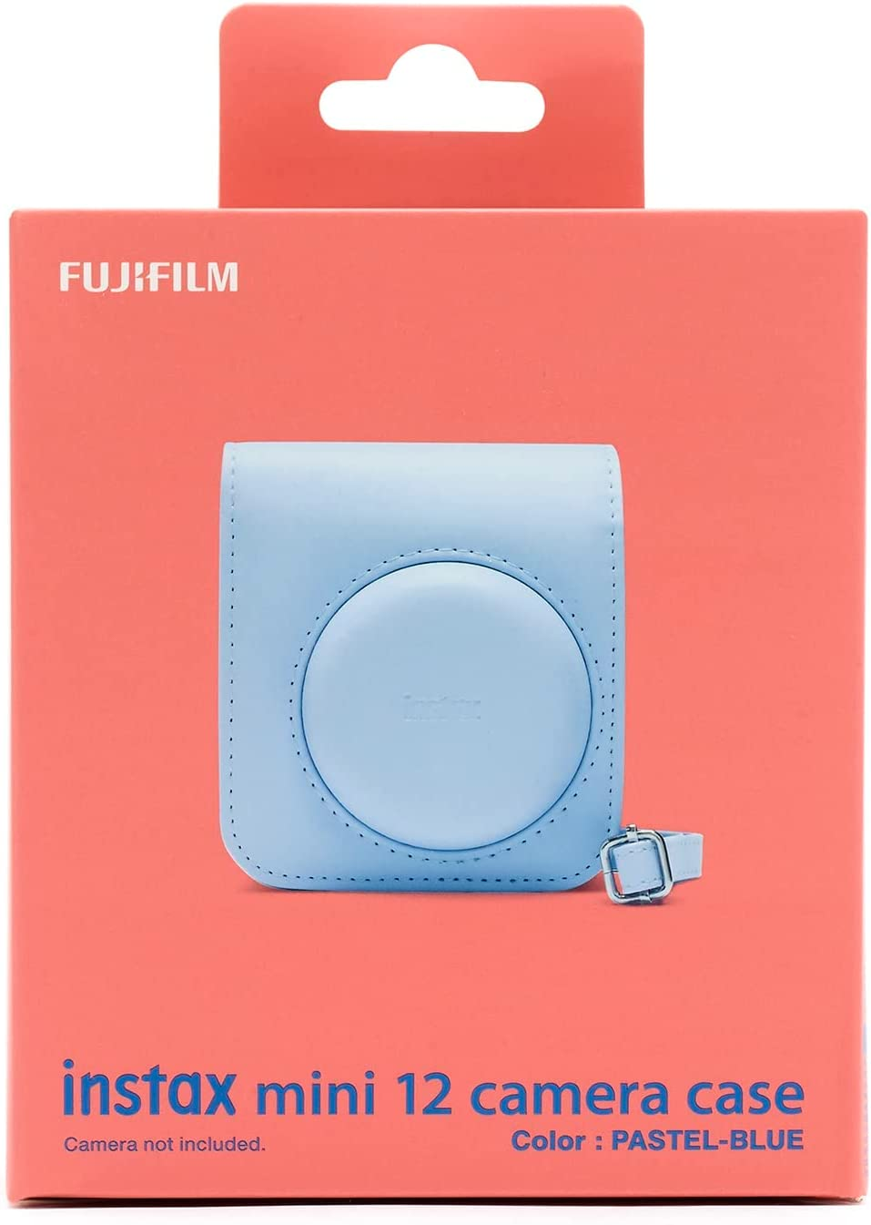 Funda de cámara azul claro con el logo rojo de FUJIFILM y mini cámara.