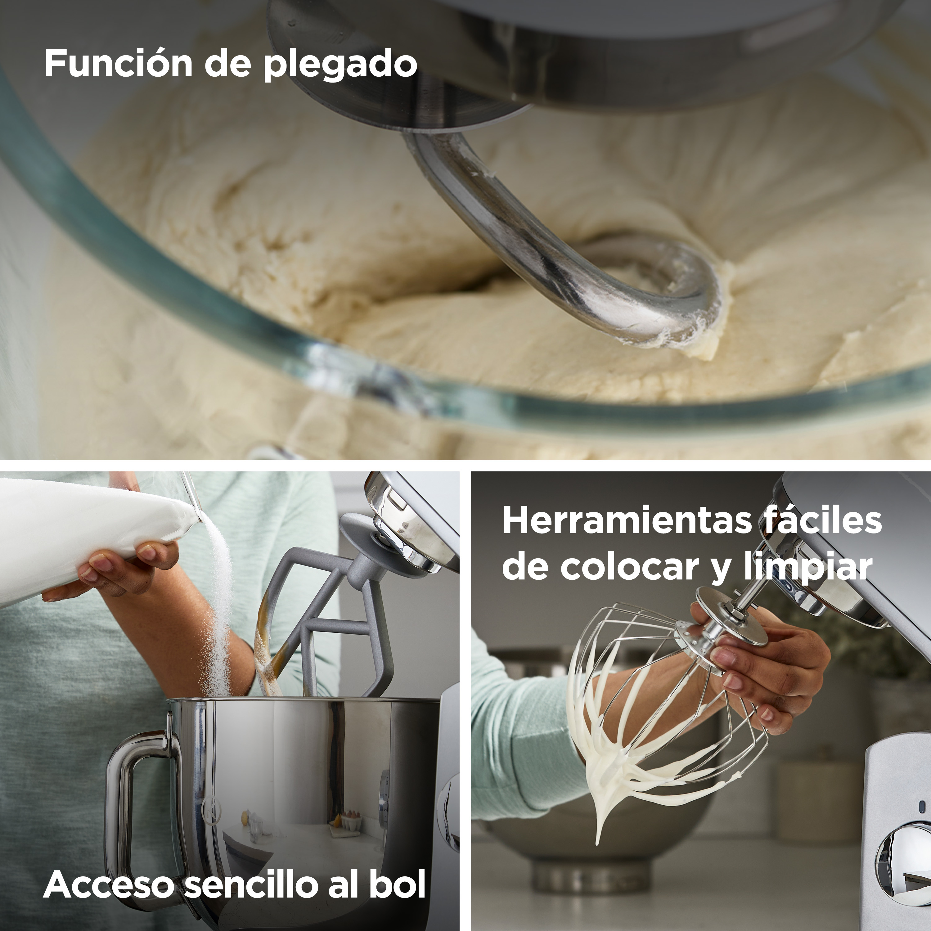 Primeros planos de una batidora de cocina en acción, con ingredientes y accesorios, con etiquetas de texto.