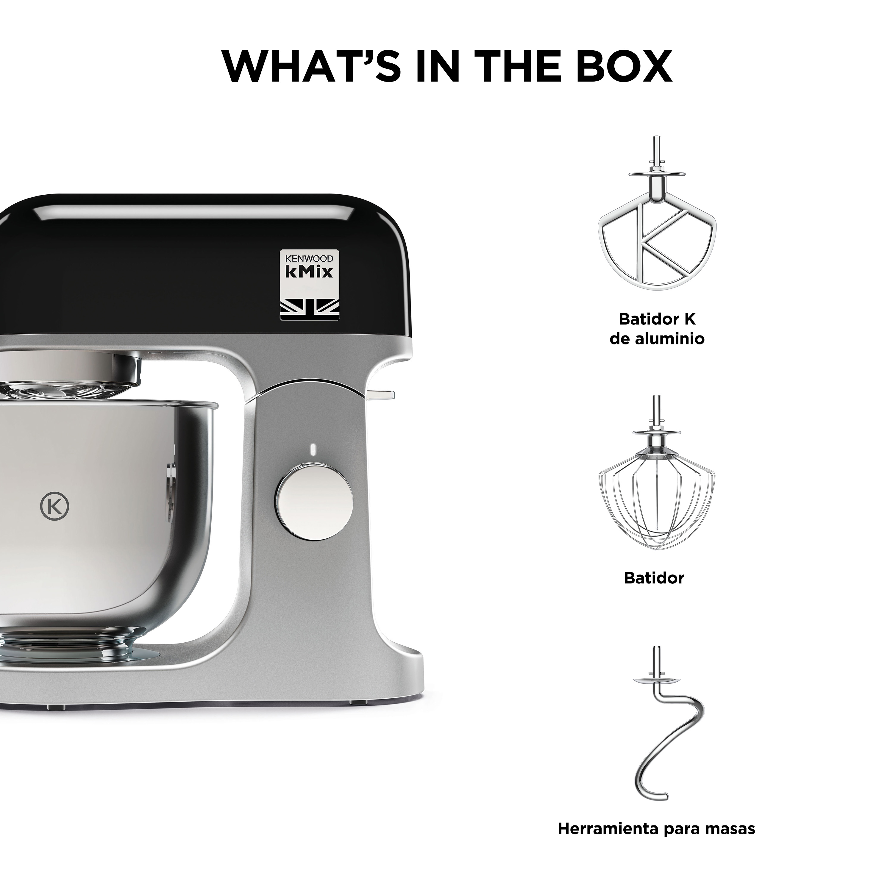 Una batidora de cocina plateada y negra con el texto 'WHAT'S IN THE BOX' con tres accesorios.