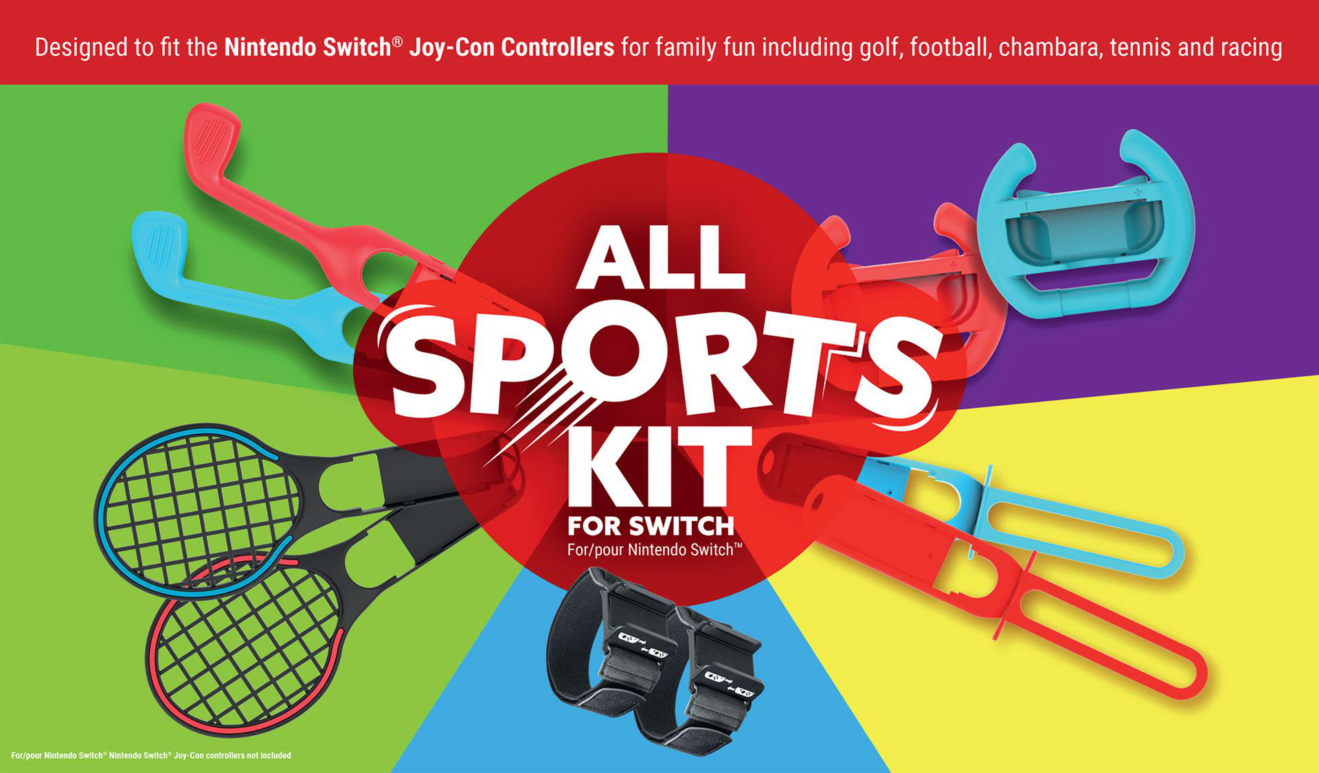 Sport-Kit mit Golf-, Tennis- und Rennaufsätzen für Nintendo Switch-Controller.