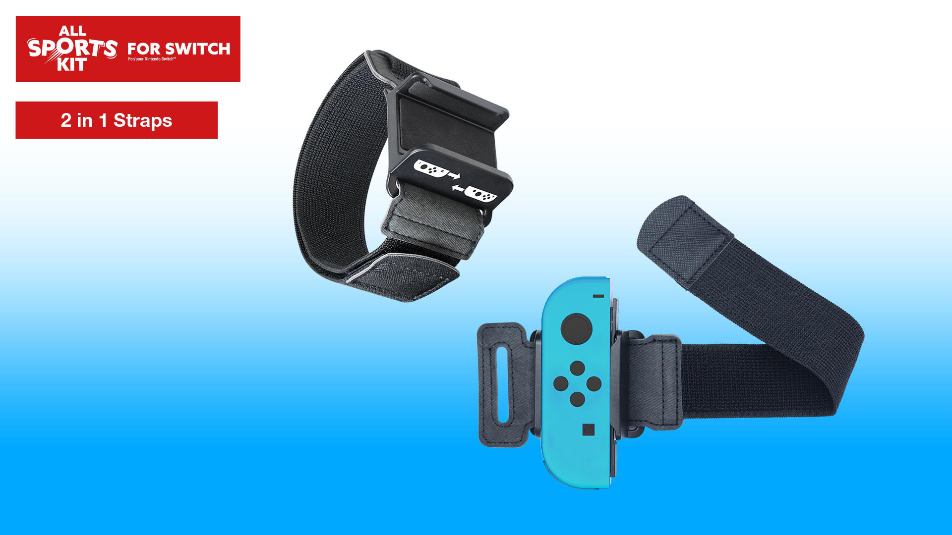 Zwei Handgelenkschlaufen mit einem blauen Gamecontroller und einem schwarzen Riemen.