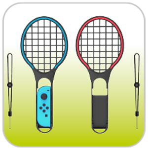 Zwei Tennis-Schläger-Controller in einem grünen Quadrat, mit Handgelenkschlaufen.
