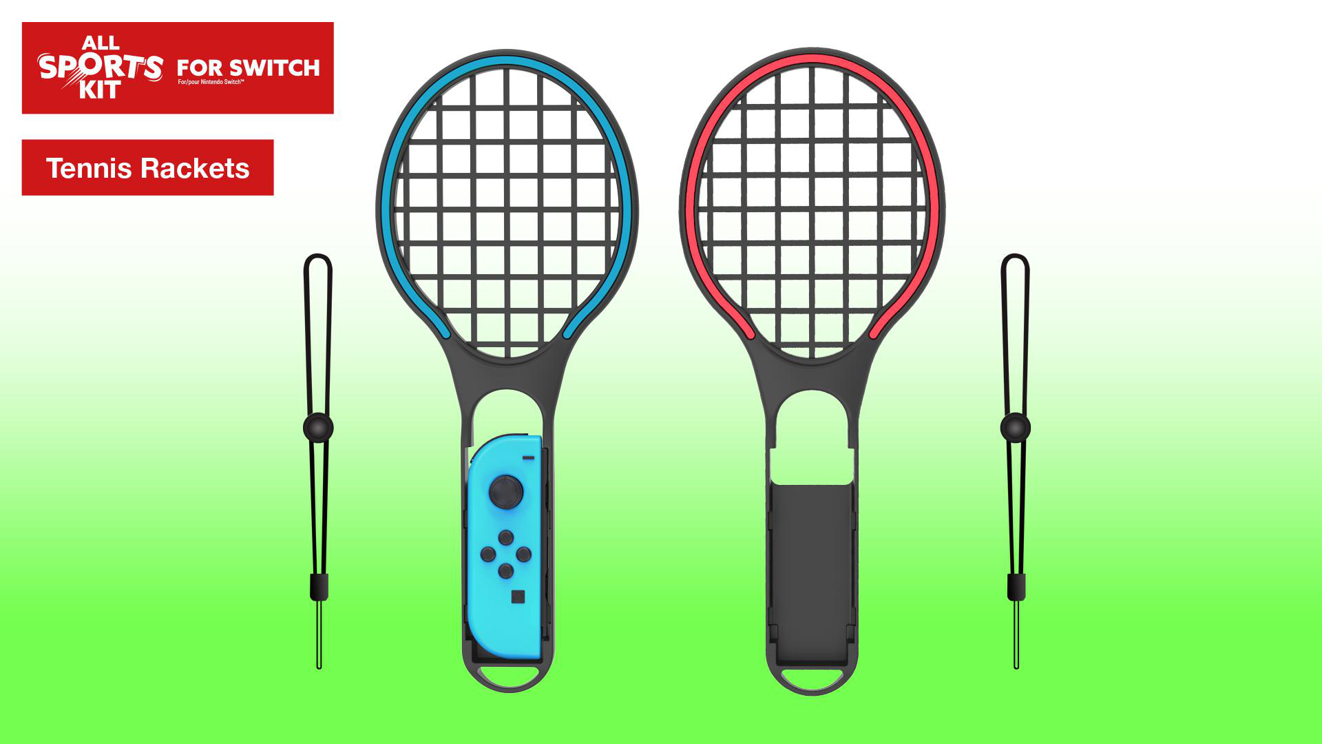 Zwei Tennisschläger, einer blau und einer rot, mit Aufsätzen für die Nintendo Switch.