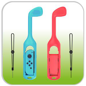 Zwei Golfschläger-Controller für eine Nintendo Switch, einer blau, einer rot, mit Handschlaufen.