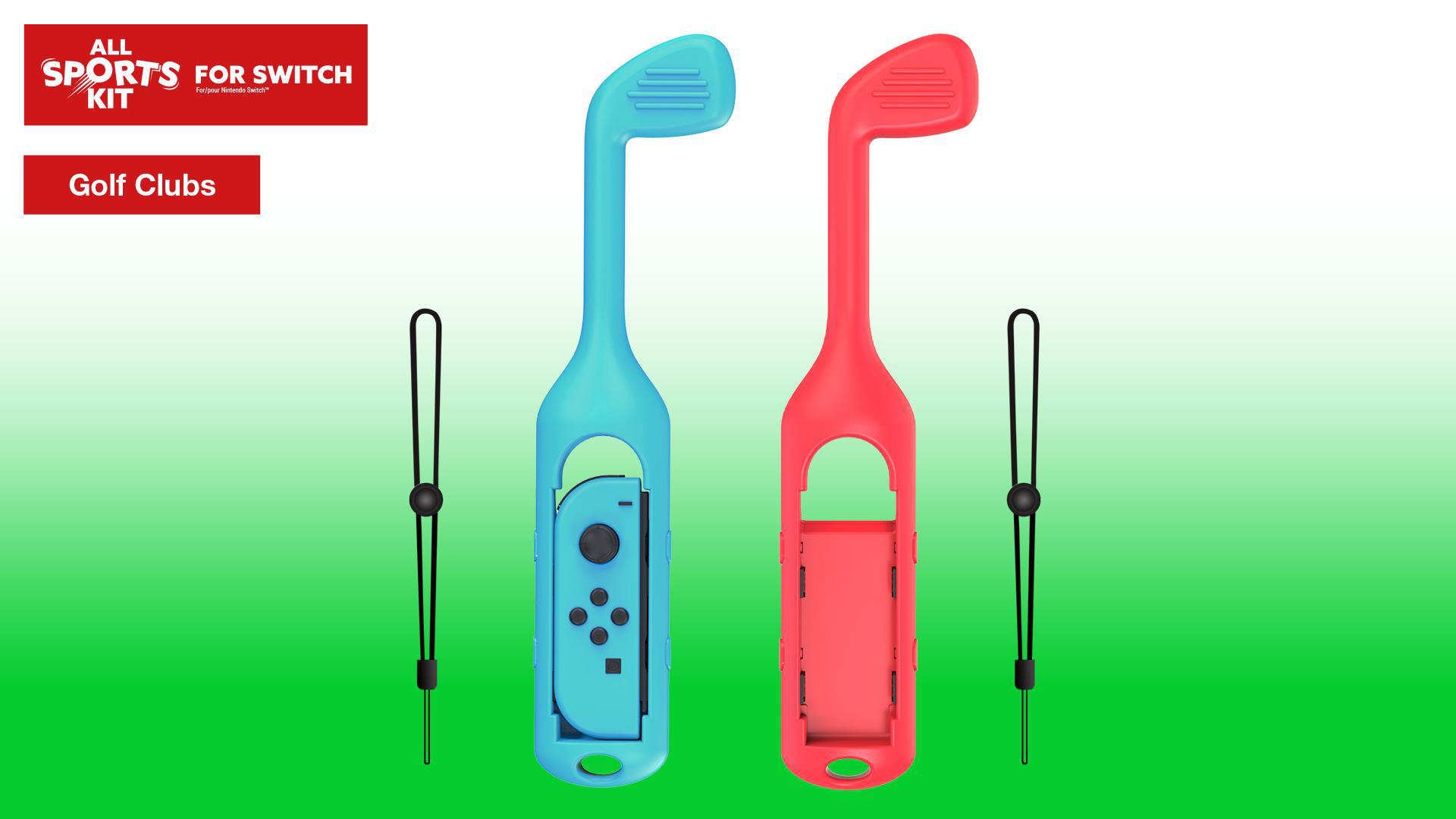 Golfschläger-Zubehör für eine Nintendo Switch. Eines ist hellblau, das andere rot, auf grünem Hintergrund.