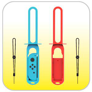 Zwei Switch-Controller-Halterungen, eine blaue und eine rote, mit schwarzen Handschlaufen. Gelber Hintergrund.