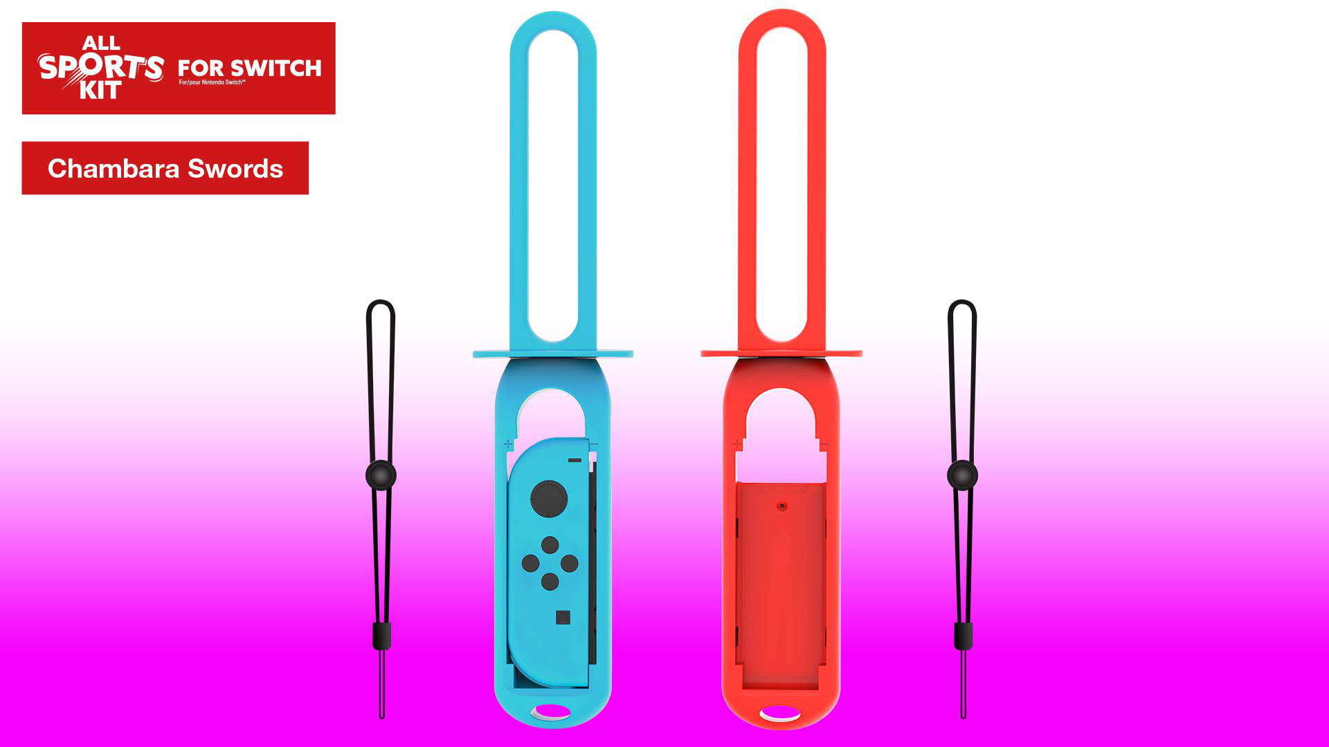 Switch-Spielzubehör, blaue und rote Schwerter mit Griffen und Handschlaufen.