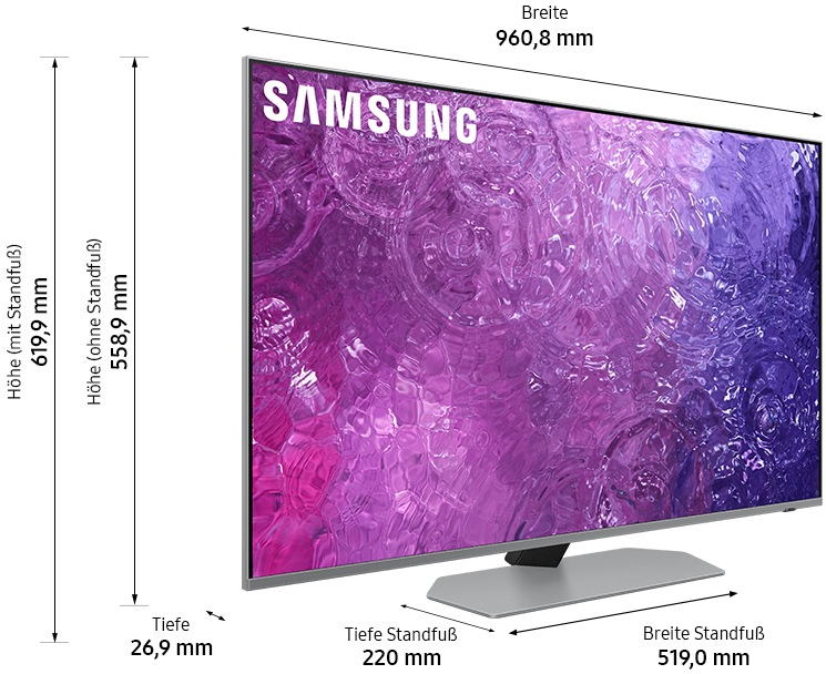 Dimensions du téléviseur Samsung avec pied, hauteur, profondeur et largeur du pied.