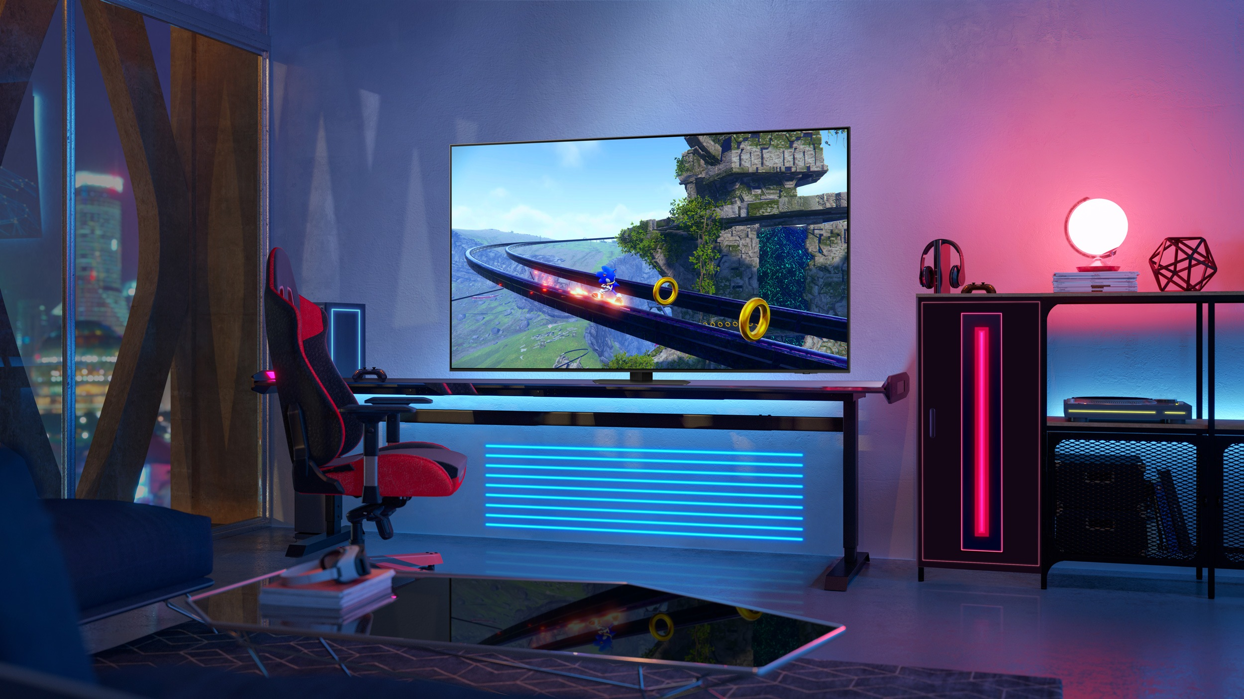 Une configuration de jeu avec un téléviseur affichant un jeu, une chaise de jeu et des néons.