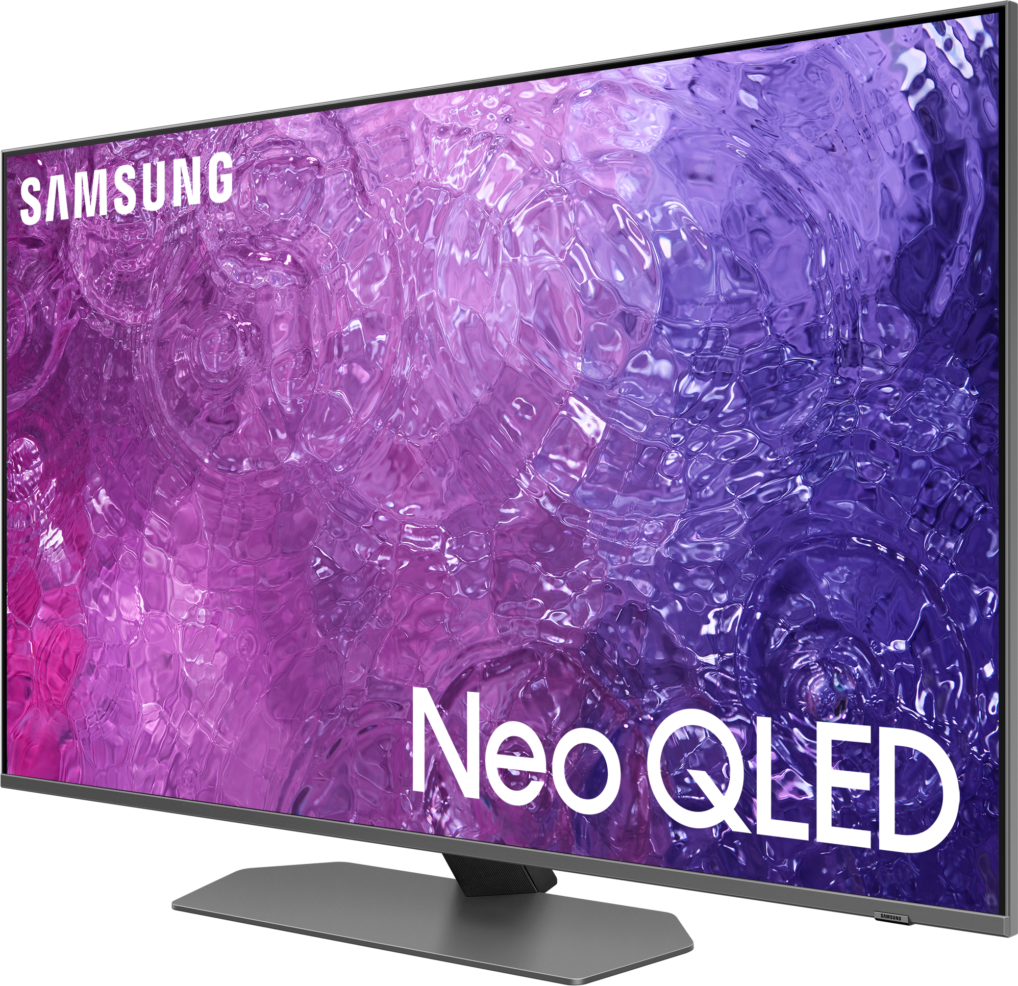 Un téléviseur Samsung Neo QLED avec un écran affichant des couleurs violettes et bleues. Le support est gris.