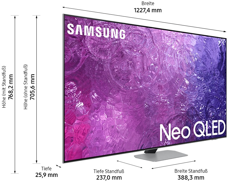 Grand téléviseur Samsung Neo QLED affichant les dimensions. Le téléviseur est sur un support.