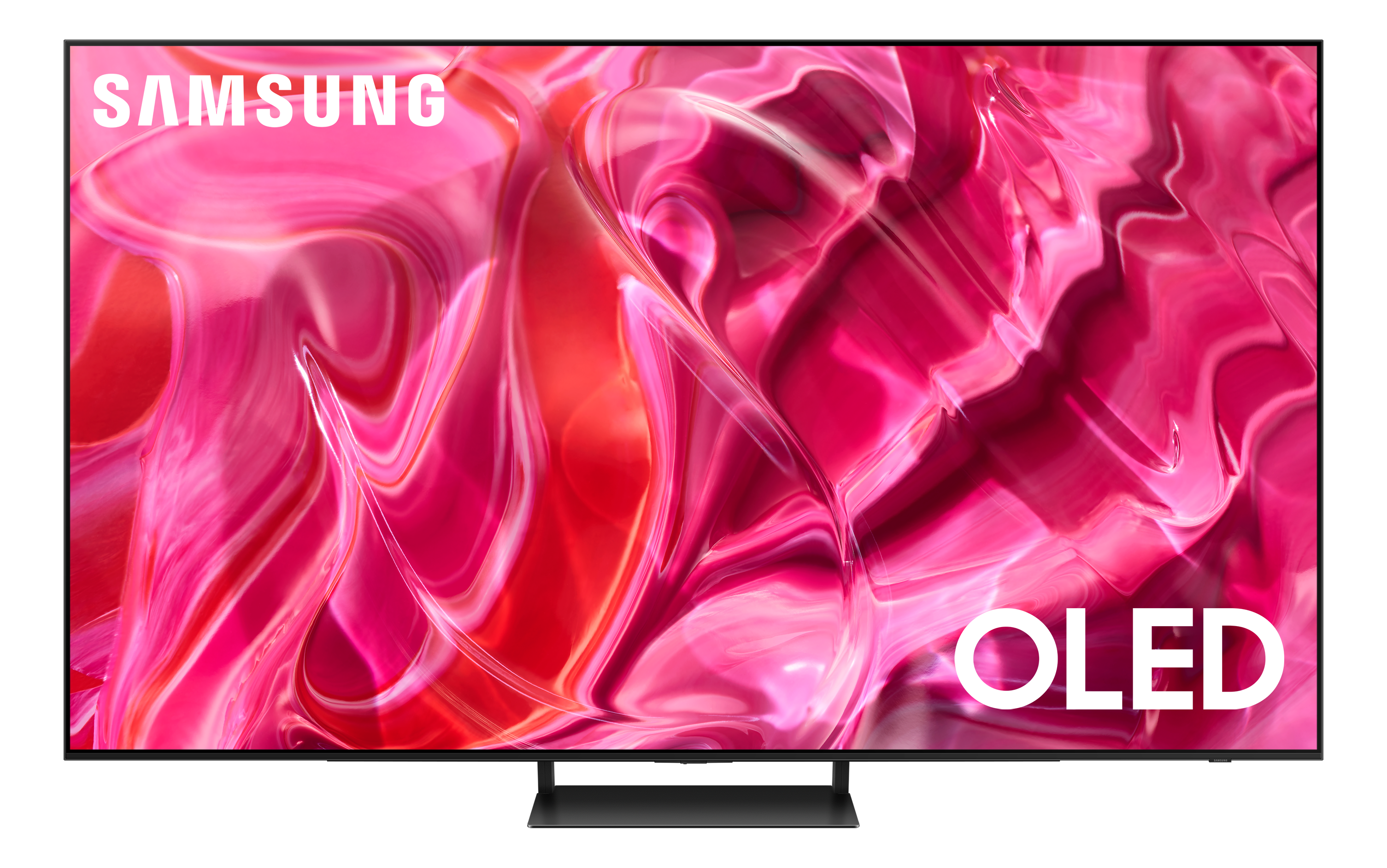 Un écran de TV OLED Samsung affiche un design abstrait coloré. Le téléviseur a un bord et un support noirs.