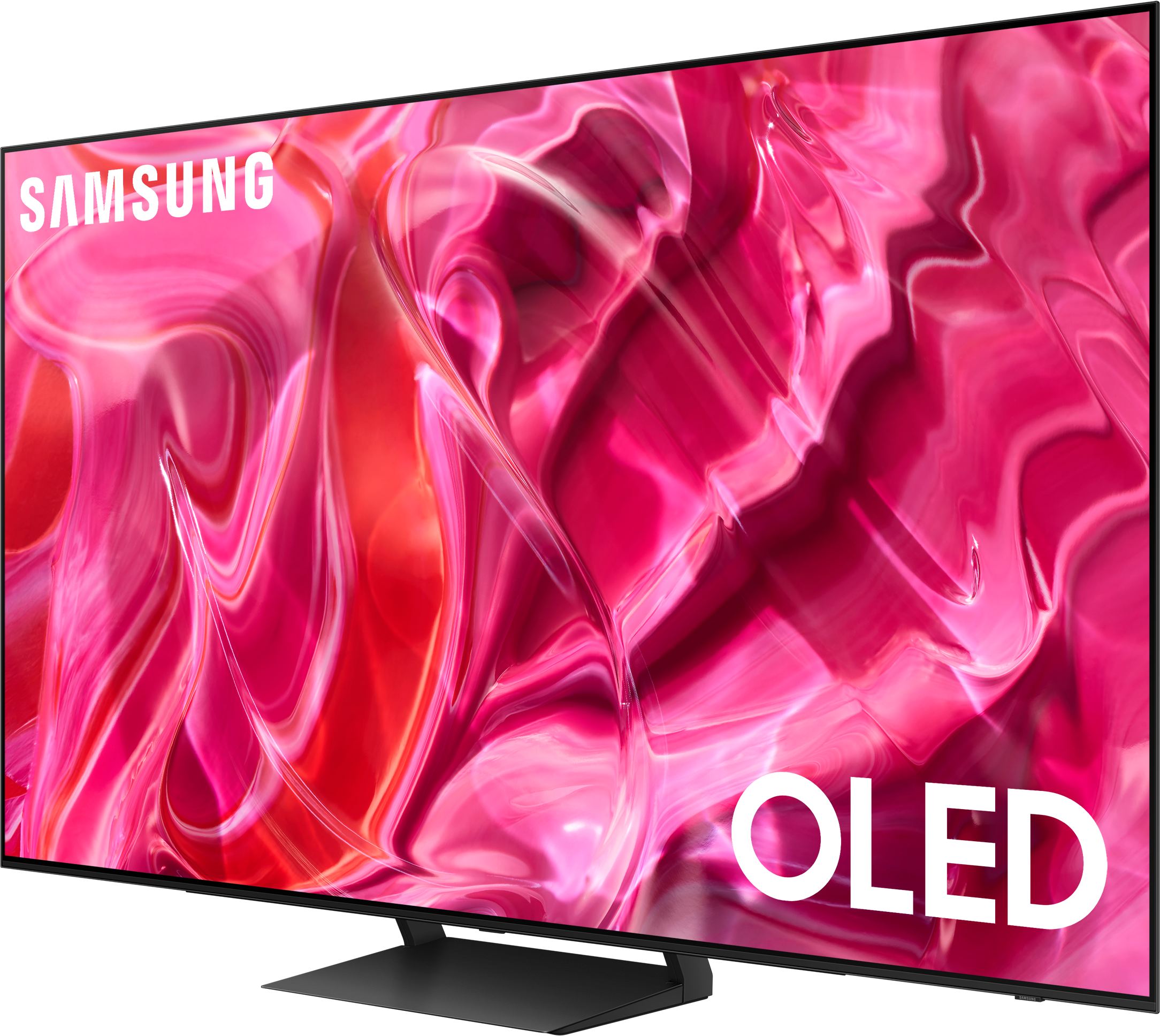 Gros plan sur un écran de TV OLED Samsung avec des motifs abstraits roses et rouges vifs.