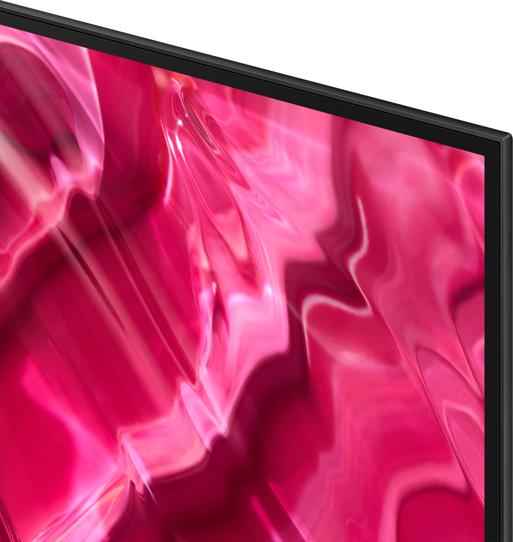 Gros plan sur un écran de télévision avec un motif abstrait rose et rouge, avec un cadre noir.