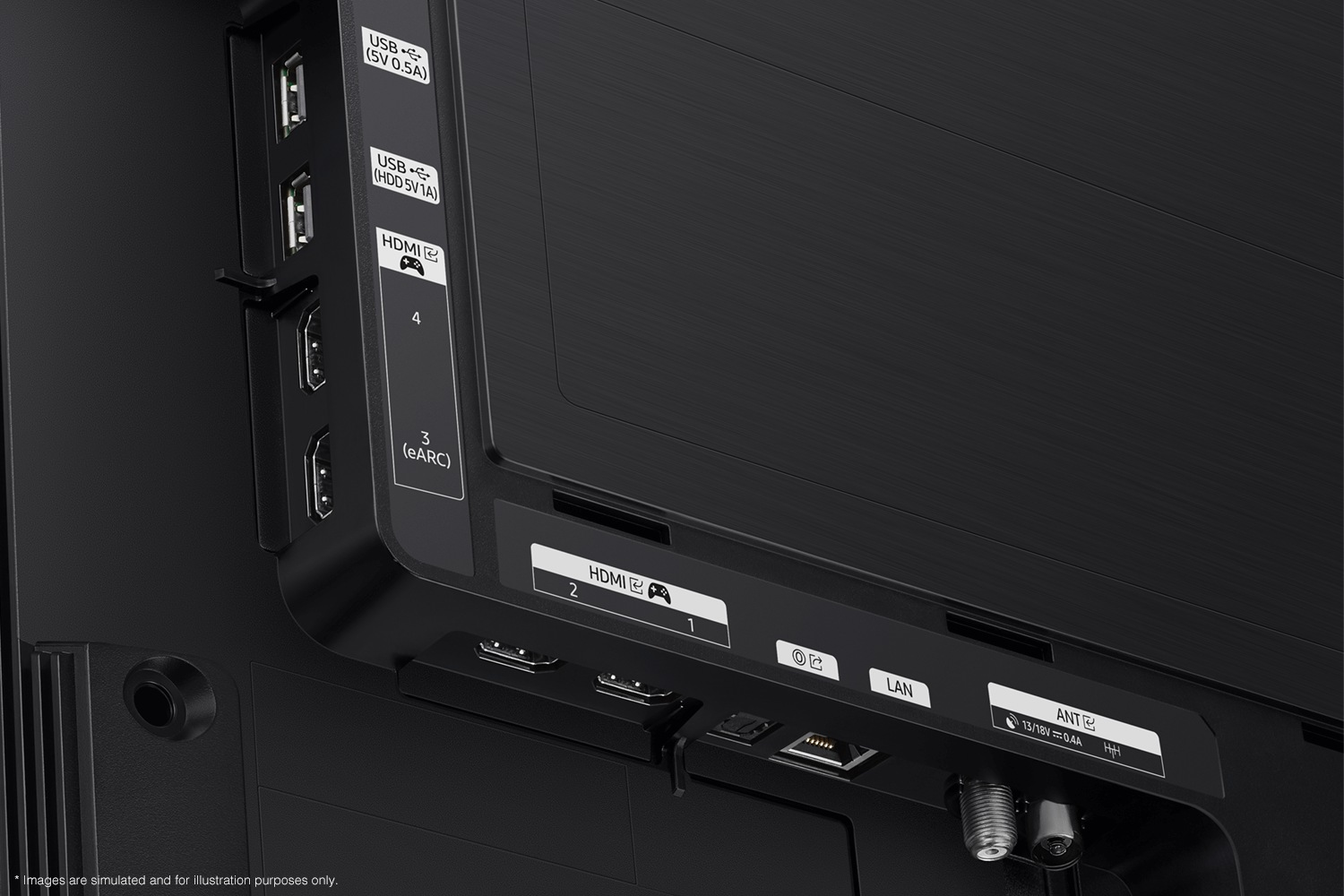 Arrière d'un téléviseur montrant divers ports : USB, HDMI, LAN et antenne. Design noir et élégant.