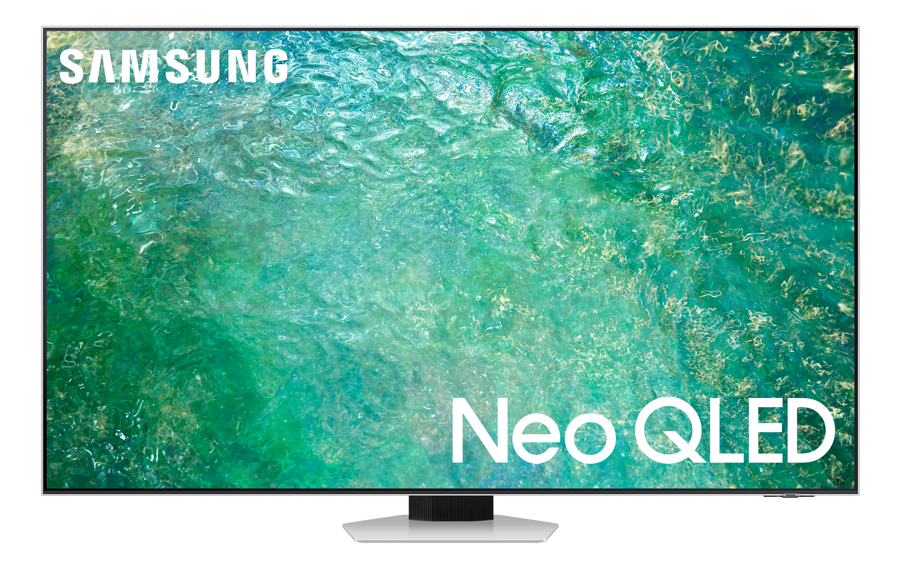Un écran de TV Samsung Neo QLED affichant un motif coloré et abstrait semblable à de l'eau avec le logo Neo QLED.