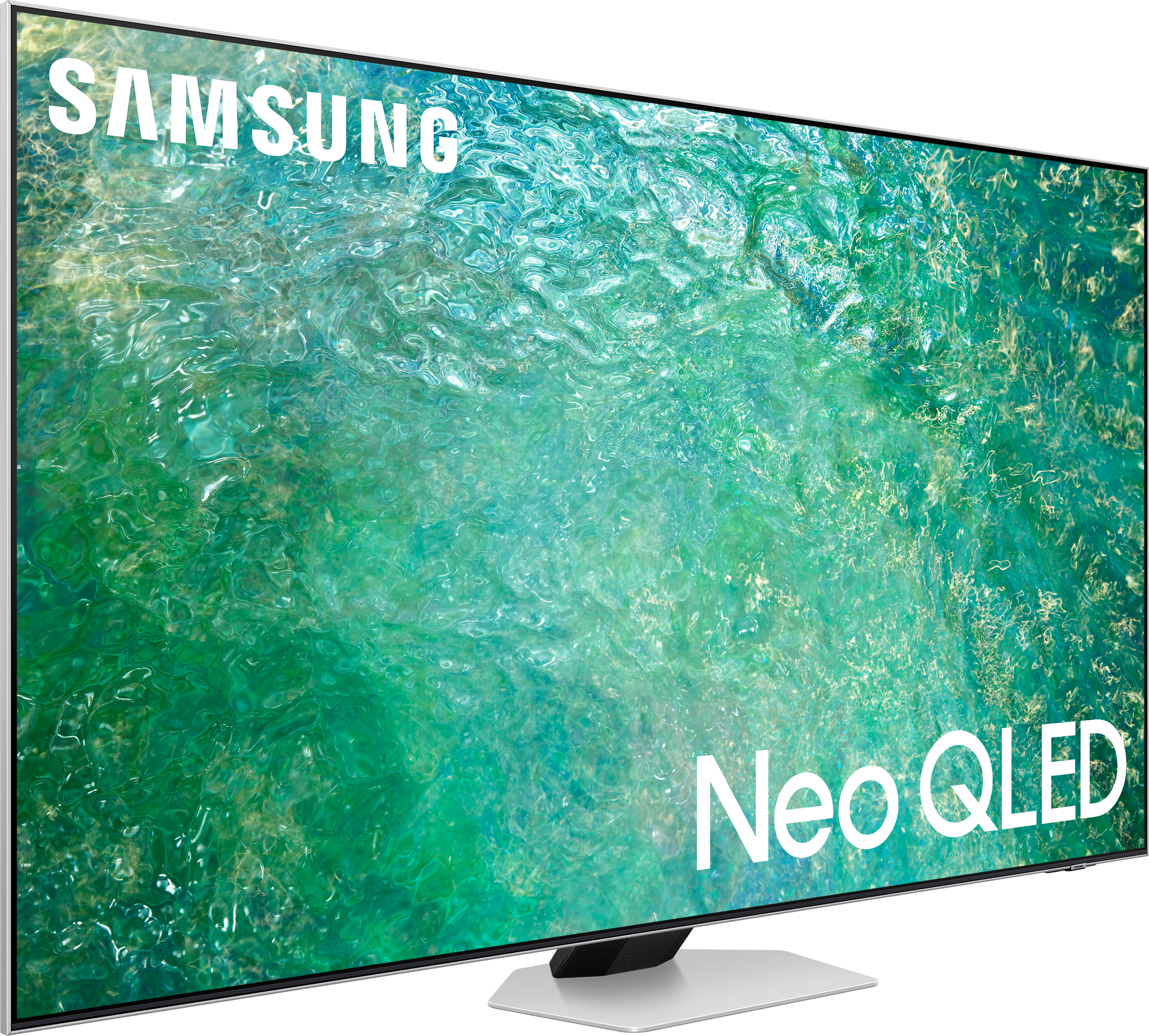 Téléviseur Samsung Neo QLED sur un pied blanc, affichant une image verte et bleue.