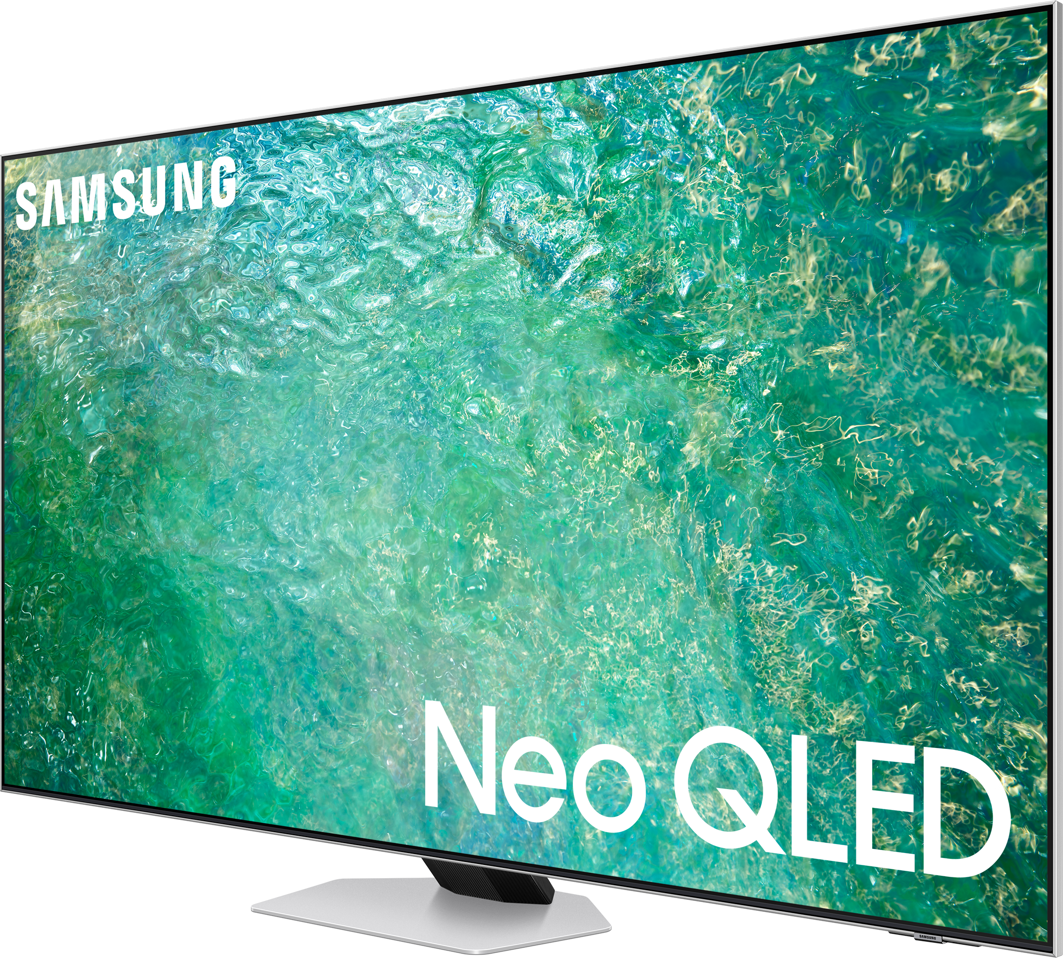 Un grand téléviseur Samsung Neo QLED, avec de l'art abstrait vert et blanc sur l'écran.