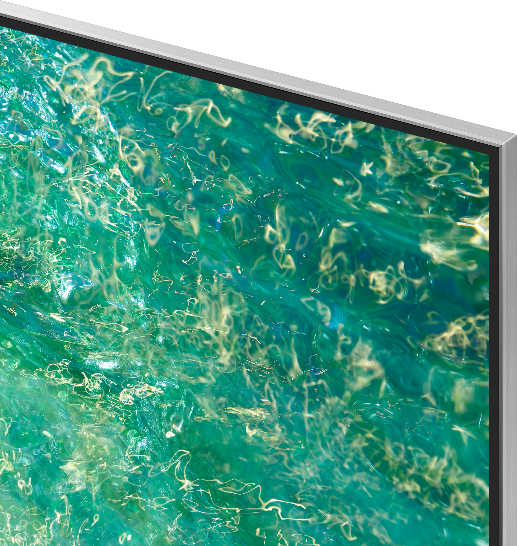 Gros plan sur un écran de télévision affichant des motifs d'eau verts et bleus.