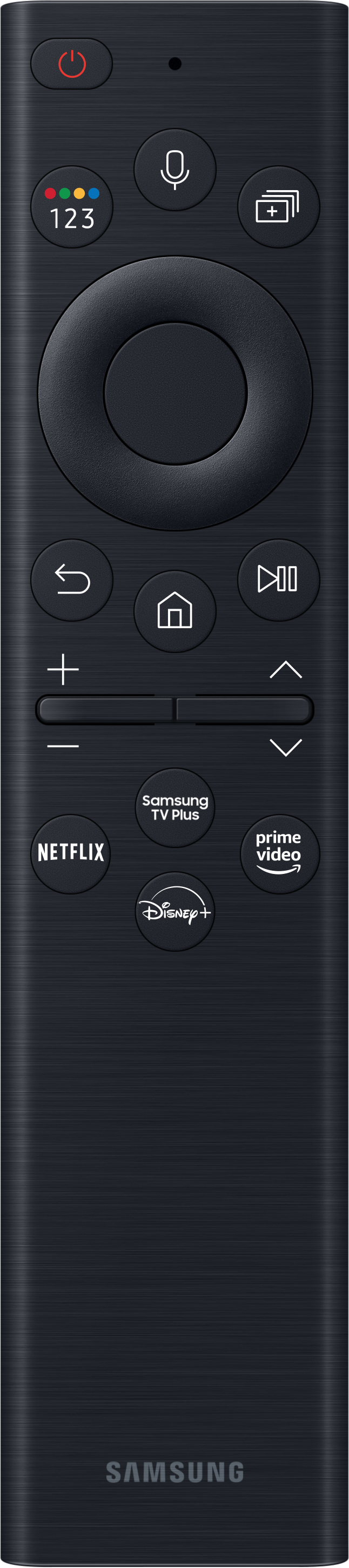 Une télécommande Samsung noire avec divers boutons et icônes.